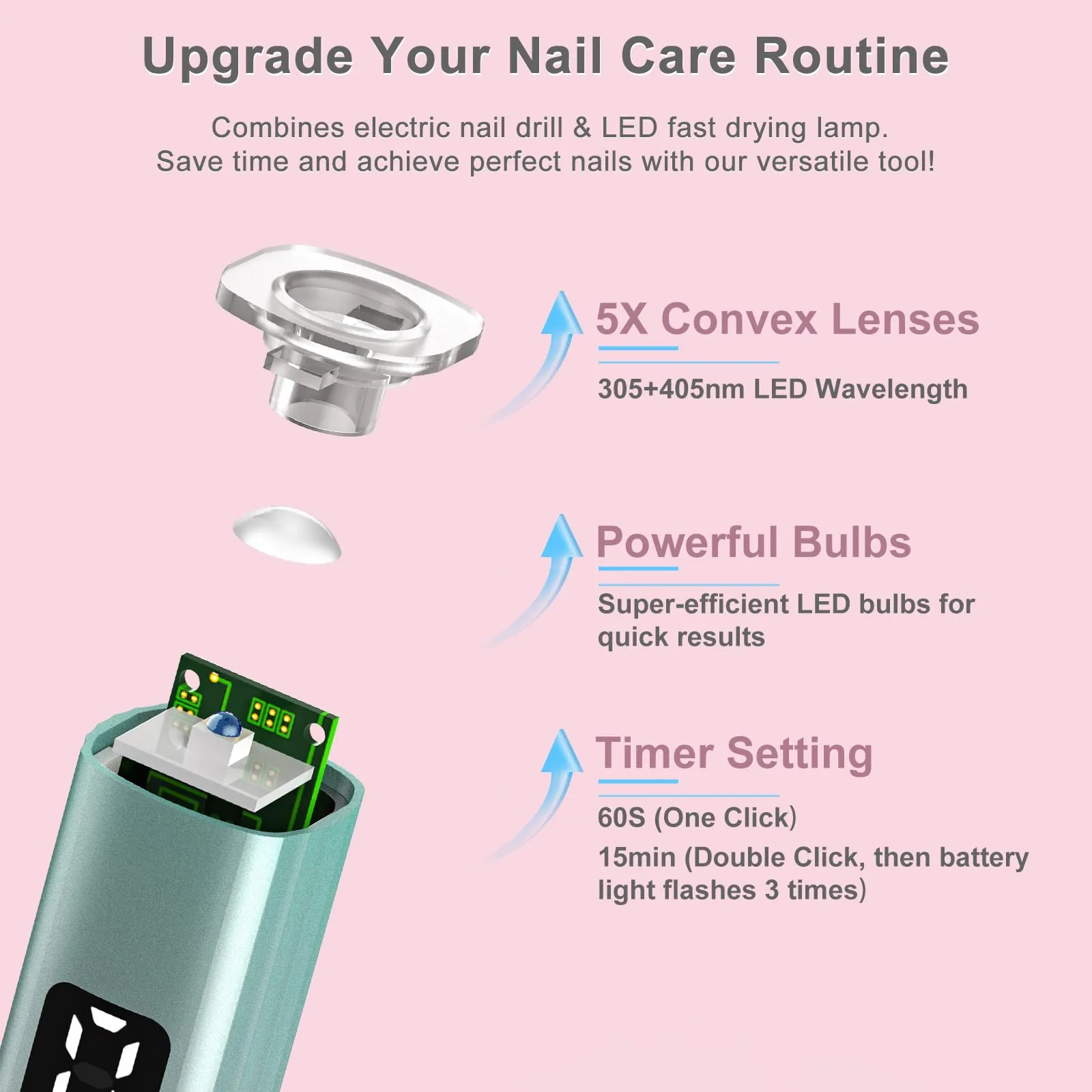 Electric Cordless Nail Drill with UV & LED Lights - 12  Bits Kit for Gel/Acrylic/Dip Nails, Rechargeable Portable Nail File, 5 Speeds, Salon & Home Use (Gradient)