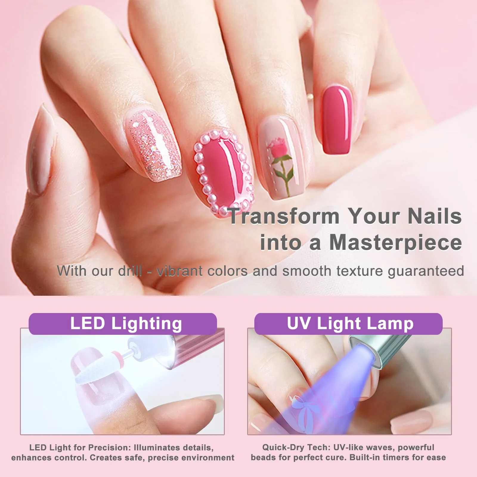Electric Cordless Nail Drill with UV & LED Lights - 12  Bits Kit for Gel/Acrylic/Dip Nails, Rechargeable Portable Nail File, 5 Speeds, Salon & Home Use (Gradient)