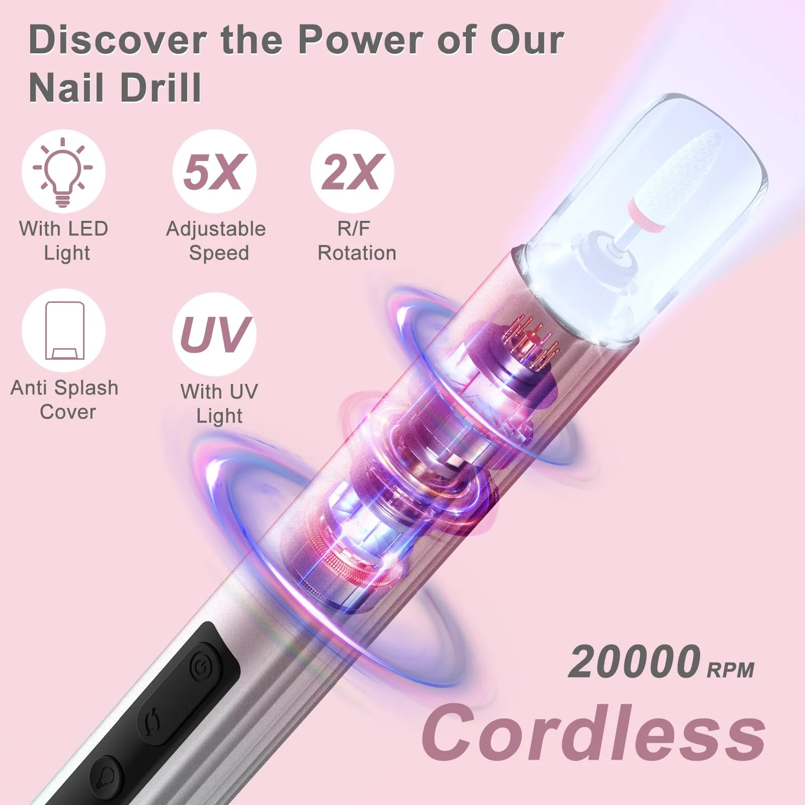 Electric Cordless Nail Drill with UV & LED Lights - 12  Bits Kit for Gel/Acrylic/Dip Nails, Rechargeable Portable Nail File, 5 Speeds, Salon & Home Use (Gradient)