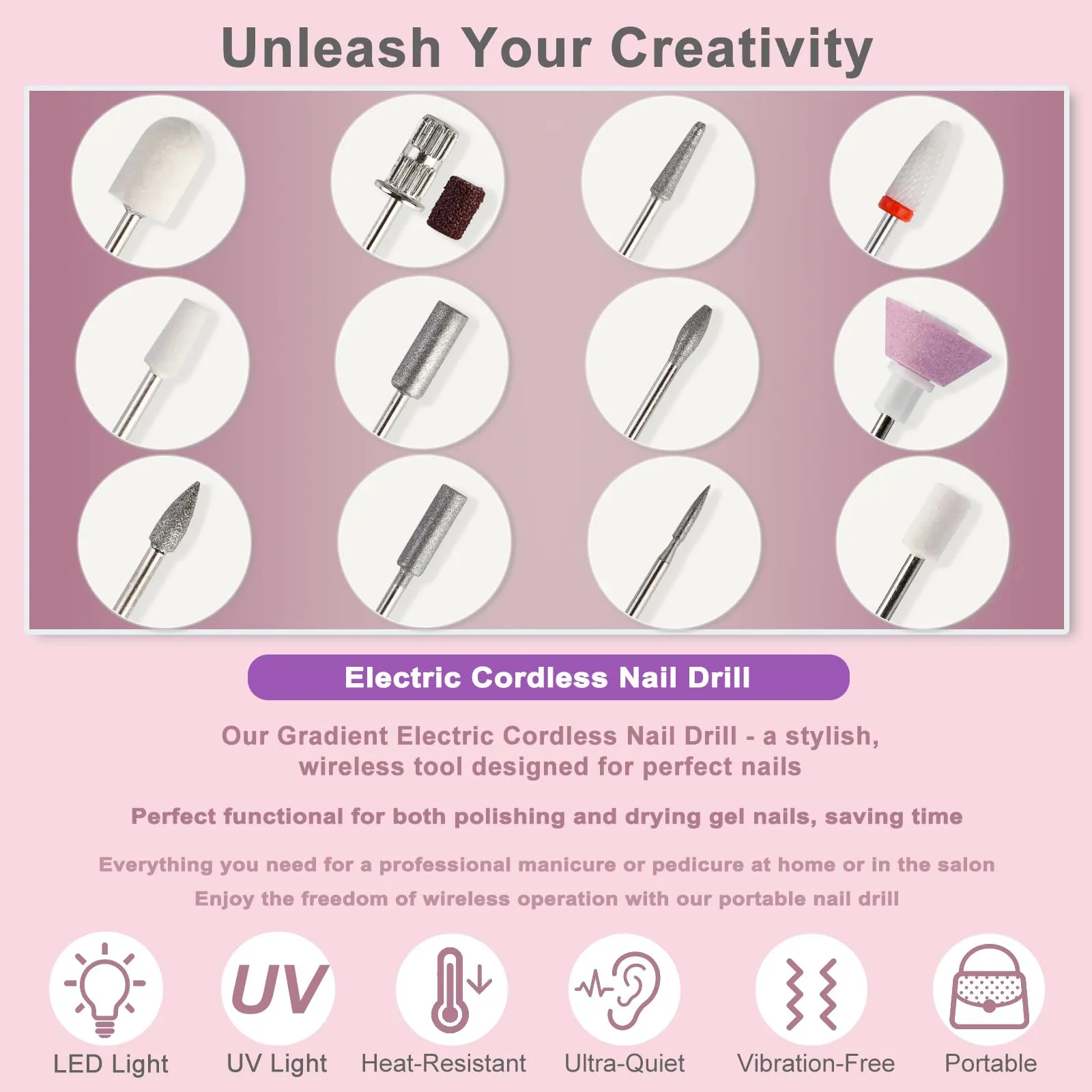 Electric Cordless Nail Drill with UV & LED Lights - 12  Bits Kit for Gel/Acrylic/Dip Nails, Rechargeable Portable Nail File, 5 Speeds, Salon & Home Use (Gradient)