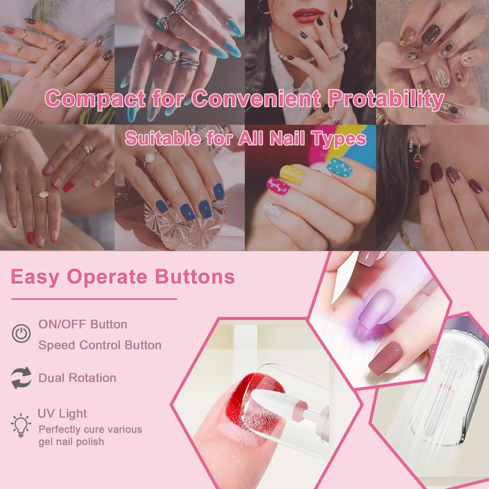 Electric Cordless Nail Drill with UV & LED Lights - 12  Bits Kit for Gel/Acrylic/Dip Nails, Rechargeable Portable Nail File, 5 Speeds, Salon & Home Use (Gradient)