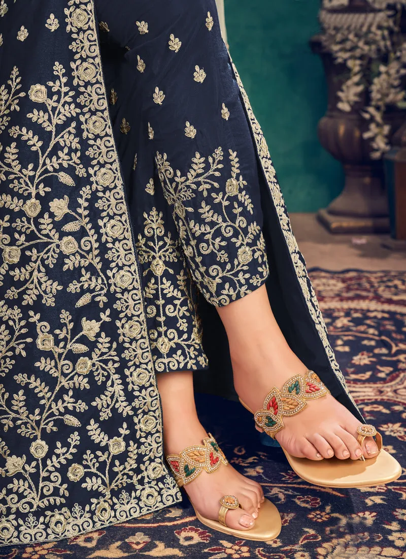 Navy Blue Zari Embroidered Slit Style Anarkali Pant Suit