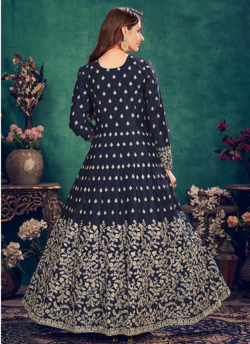 Navy Blue Zari Embroidered Slit Style Anarkali Pant Suit