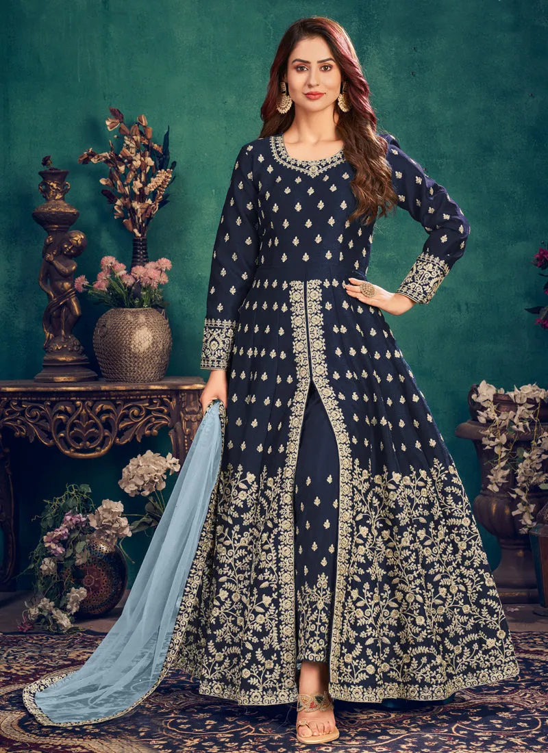Navy Blue Zari Embroidered Slit Style Anarkali Pant Suit