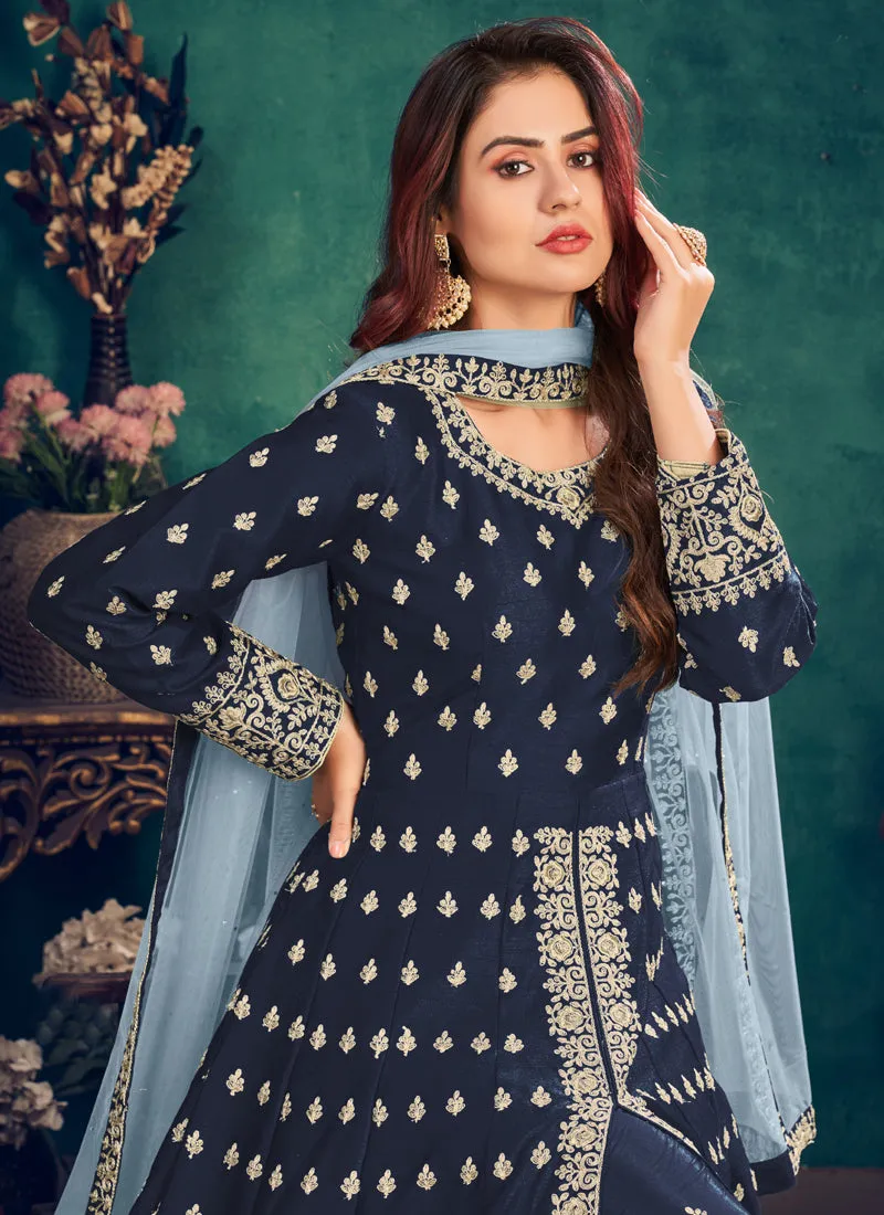Navy Blue Zari Embroidered Slit Style Anarkali Pant Suit