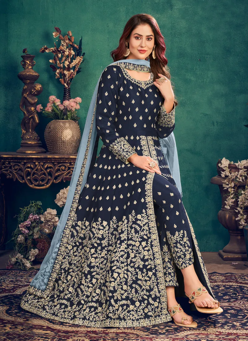 Navy Blue Zari Embroidered Slit Style Anarkali Pant Suit