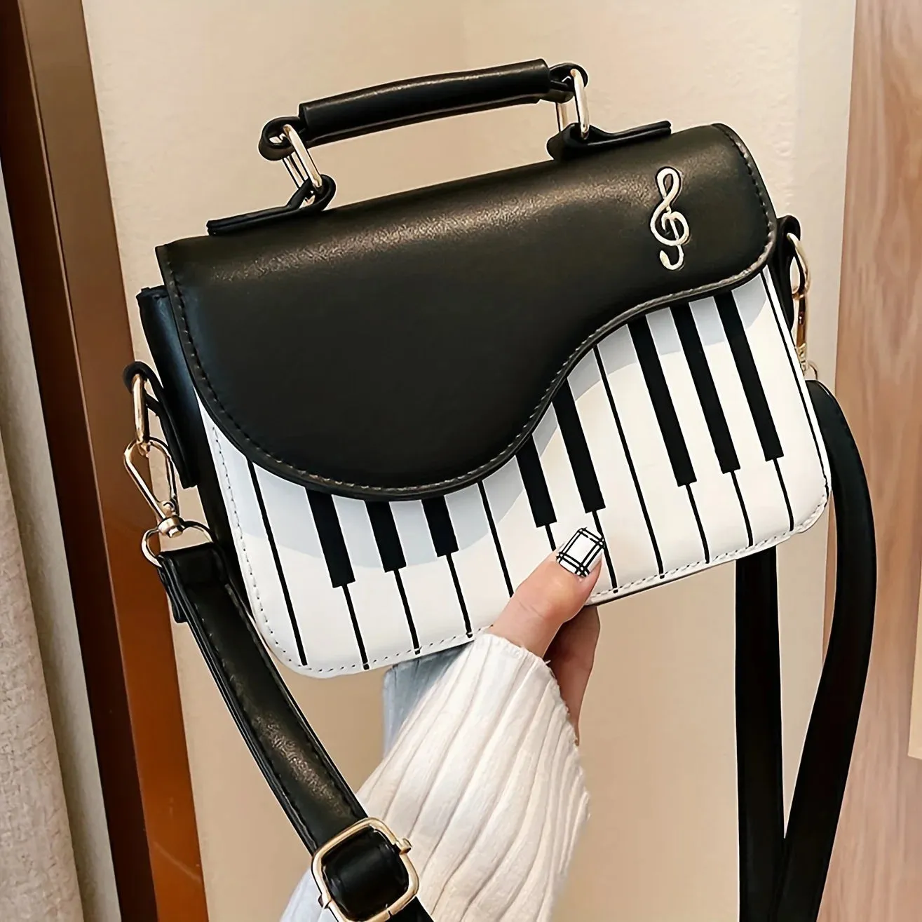 Piano Guitar Music Notes Handbag, Creative PU Leather Tote Bag, Trendy Crossbody Bag For Women Girls