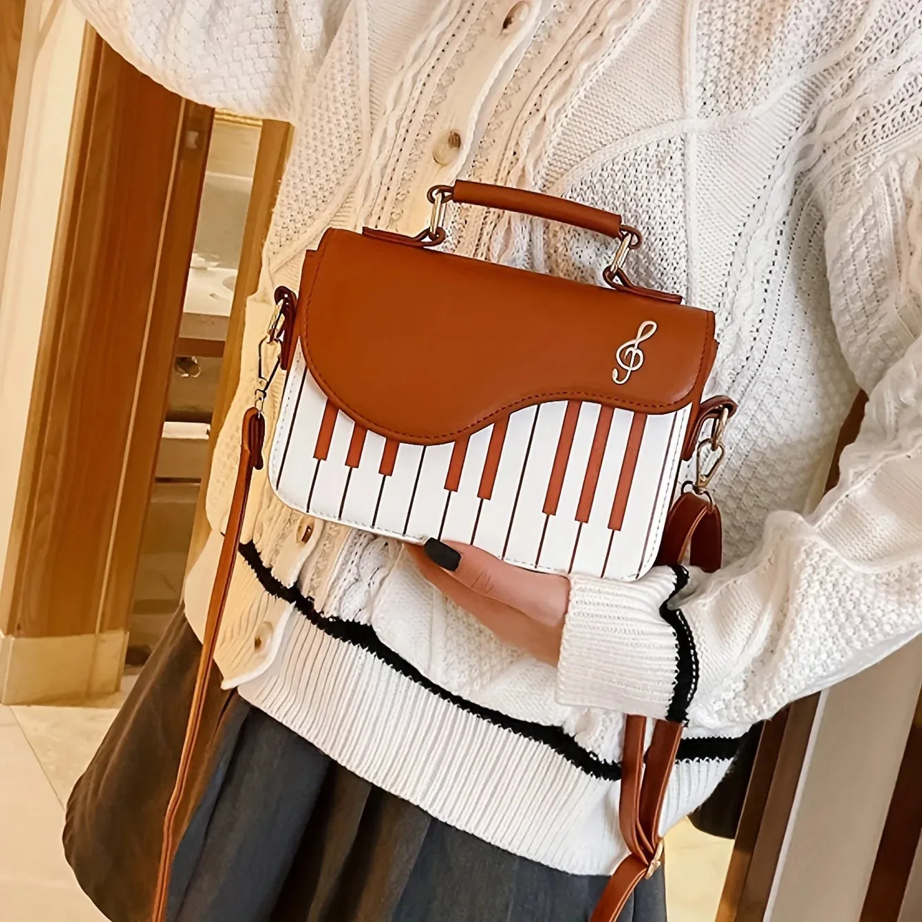 Piano Guitar Music Notes Handbag, Creative PU Leather Tote Bag, Trendy Crossbody Bag For Women Girls