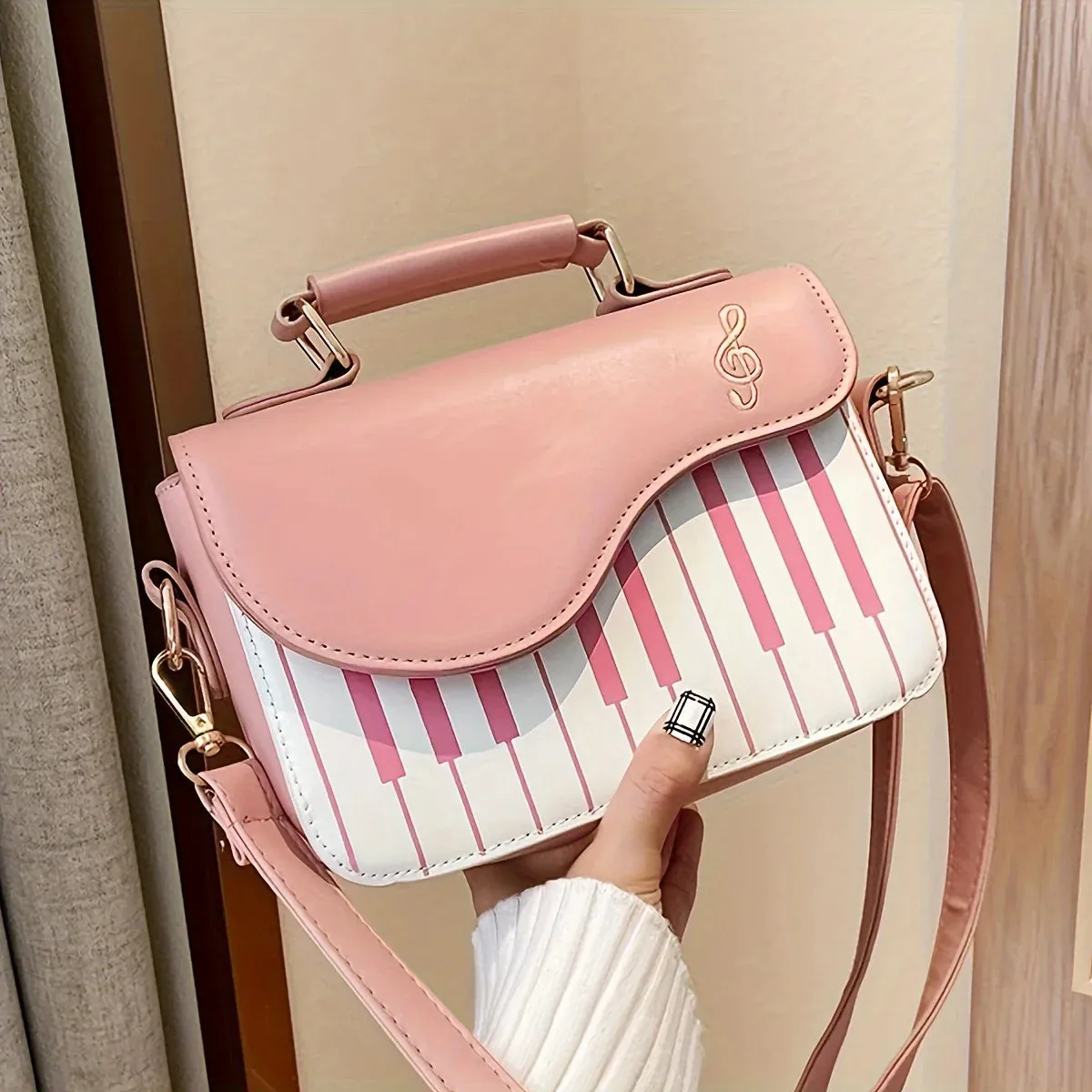 Piano Guitar Music Notes Handbag, Creative PU Leather Tote Bag, Trendy Crossbody Bag For Women Girls