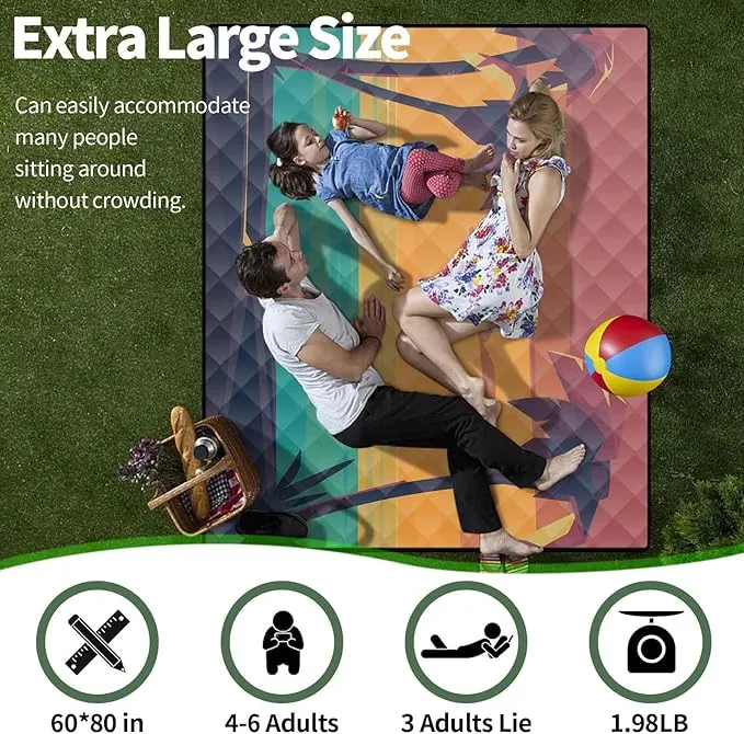 Picnic Blankets Waterproof Sandproof 60x80 Outdoor Portable Lightweight Extra Large Family Beach Blanket Camp Mat for Travel Foldable Outside Lawn Camping Essentials Mats for Grass