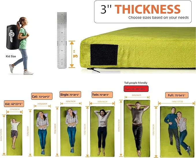 Thick Memory Foam Camping Mattress Sleeping Pad [Car/Tent/Cot] 3 Inch Portable Floor Mat Roll Up for Guests Kids Adult Sleepover