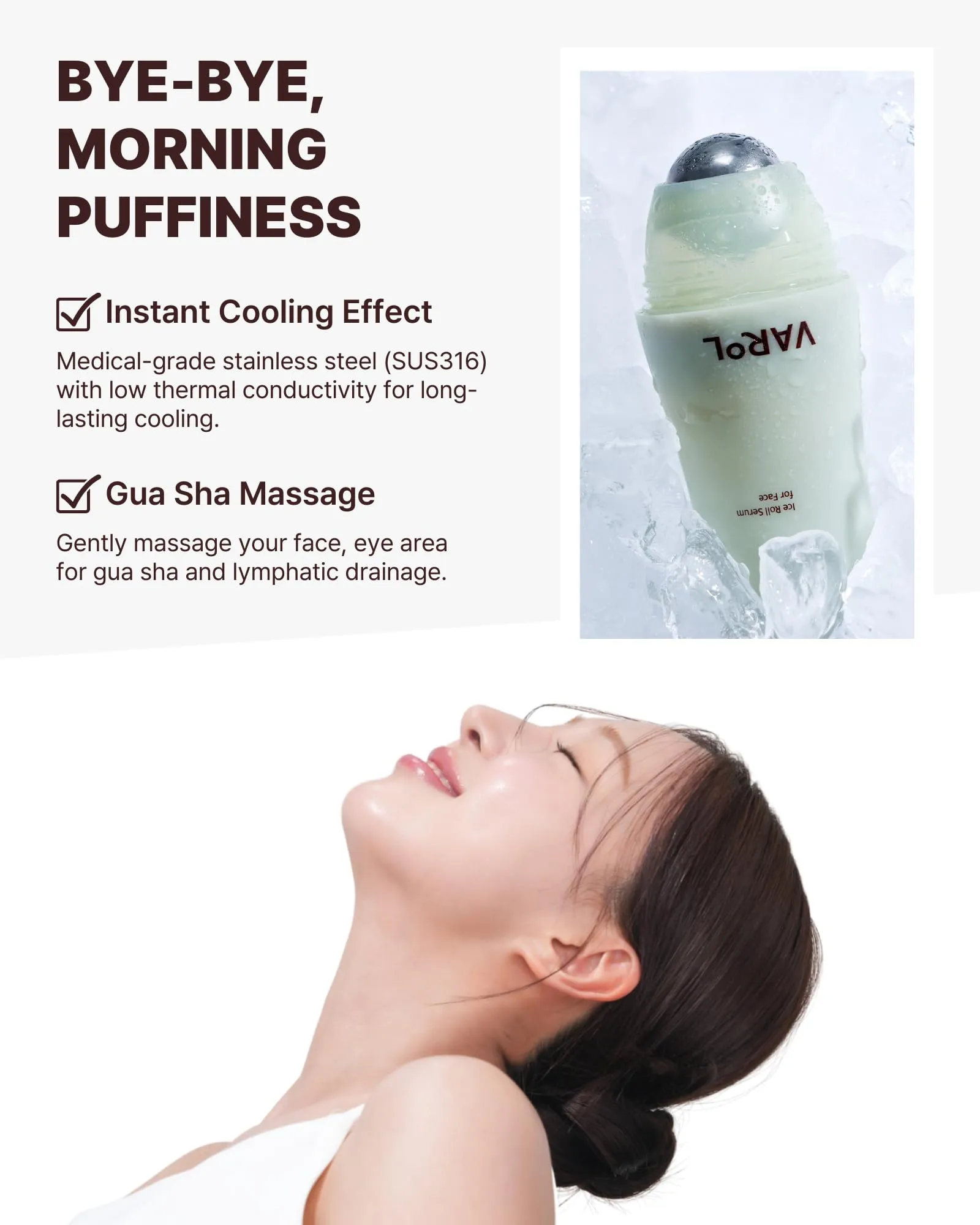 VAROL Ice Roll Serum for Face, Puffy Eyes - Pore Minimizing Serum with Ice Roller for Puffiness Relief, Soothing, Hydrating, Korean Skin Care & Gua Sha Facial Tool - 1.69 fl.oz (50ml)