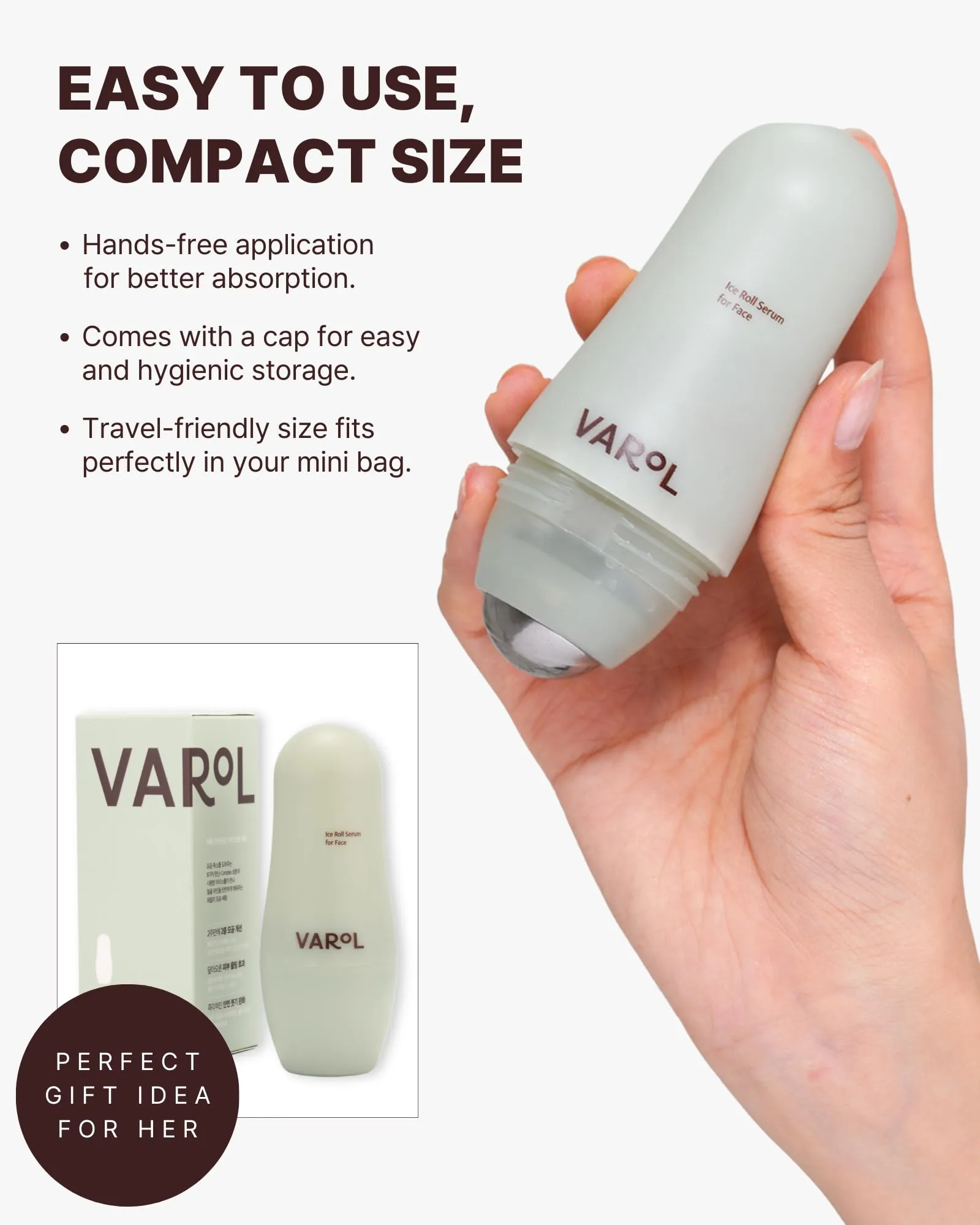 VAROL Ice Roll Serum for Face, Puffy Eyes - Pore Minimizing Serum with Ice Roller for Puffiness Relief, Soothing, Hydrating, Korean Skin Care & Gua Sha Facial Tool - 1.69 fl.oz (50ml)