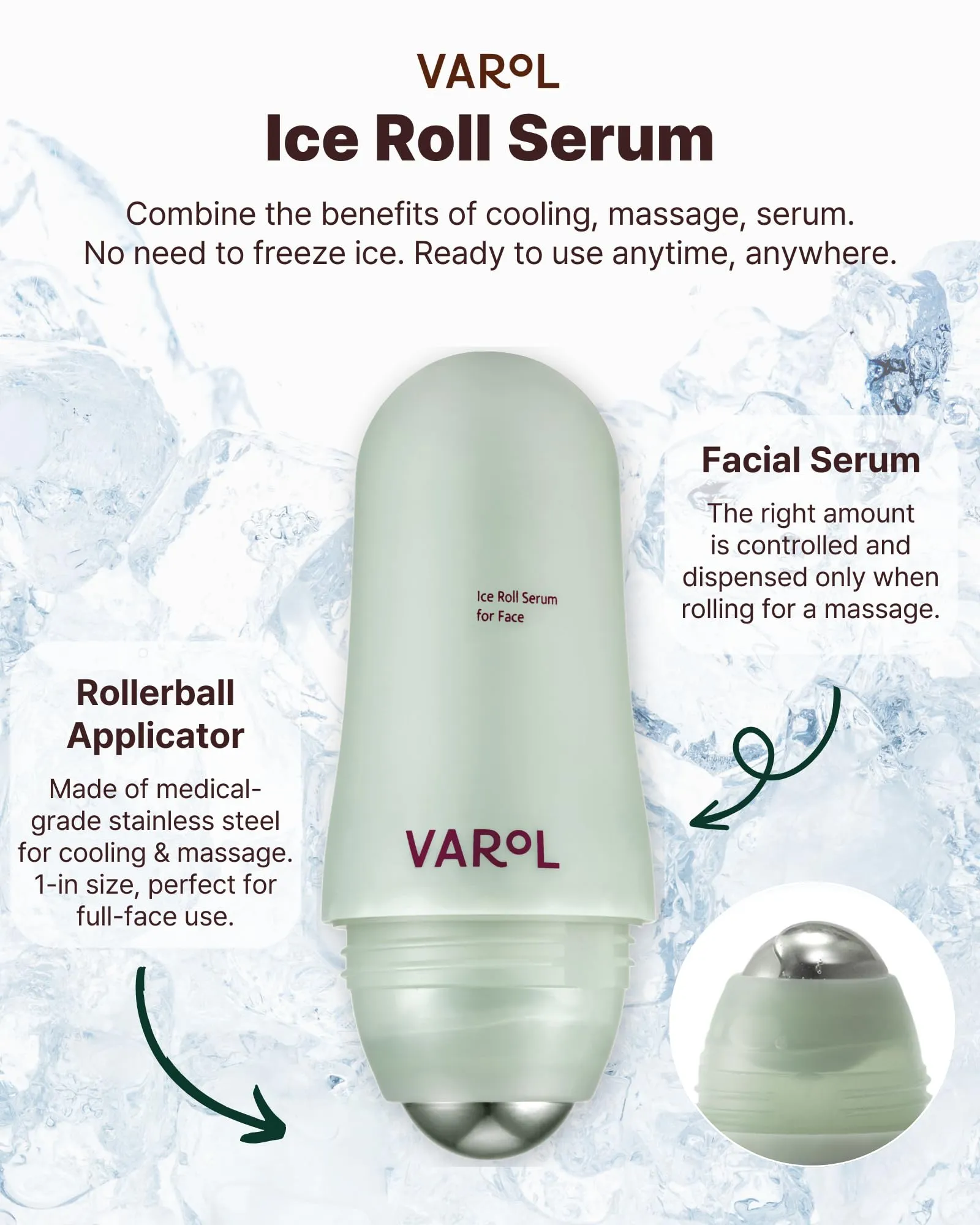 VAROL Ice Roll Serum for Face, Puffy Eyes - Pore Minimizing Serum with Ice Roller for Puffiness Relief, Soothing, Hydrating, Korean Skin Care & Gua Sha Facial Tool - 1.69 fl.oz (50ml)