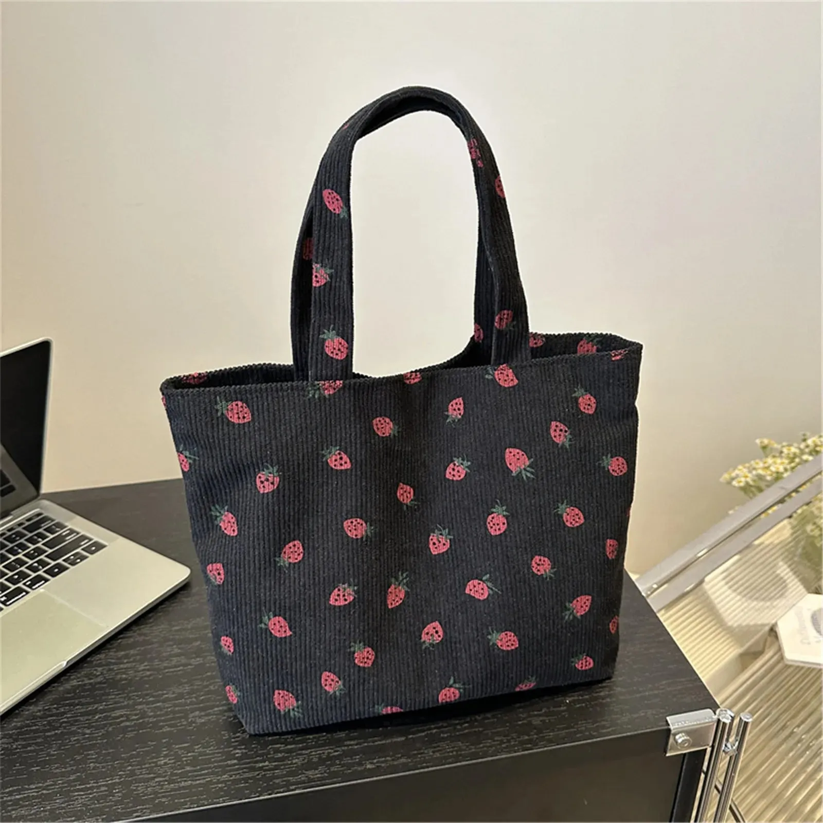 Versatile Corduroy Storage Bag Large Capacity Shoulder Strawberry Canvas Bag Women Girl Shopping Travel Camping Accessories New