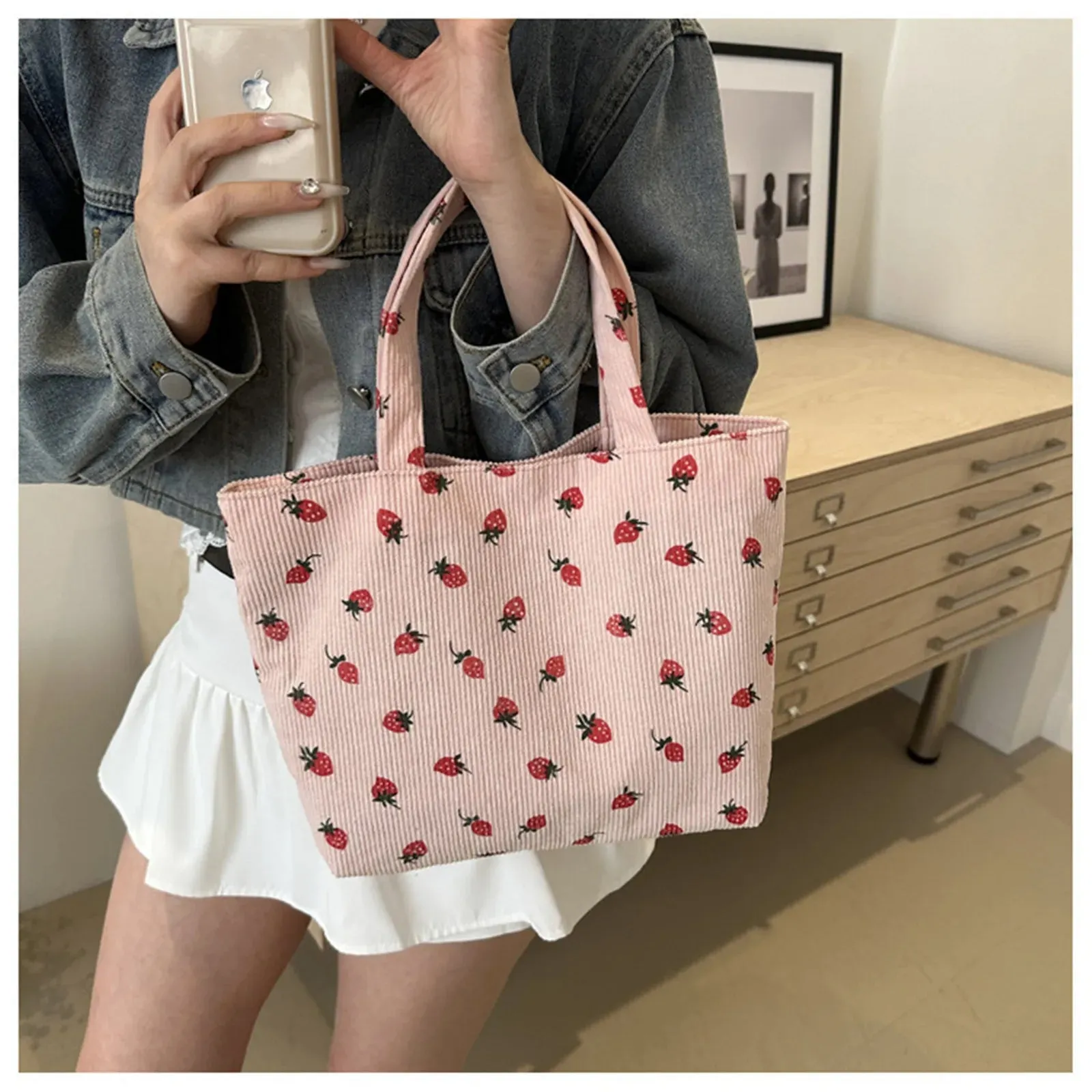 Versatile Corduroy Storage Bag Large Capacity Shoulder Strawberry Canvas Bag Women Girl Shopping Travel Camping Accessories New