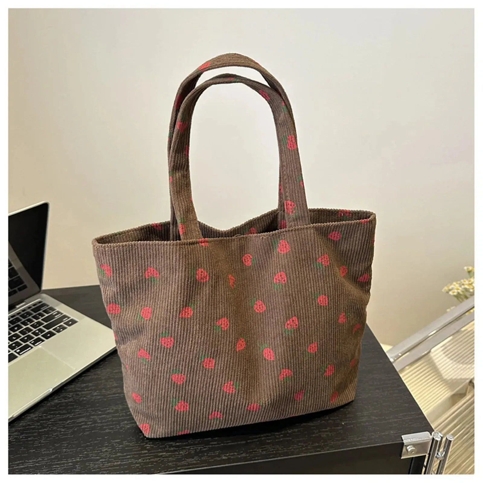 Versatile Corduroy Storage Bag Large Capacity Shoulder Strawberry Canvas Bag Women Girl Shopping Travel Camping Accessories New