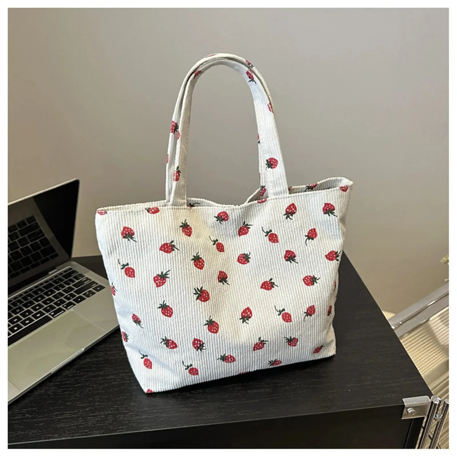 Versatile Corduroy Storage Bag Large Capacity Shoulder Strawberry Canvas Bag Women Girl Shopping Travel Camping Accessories New