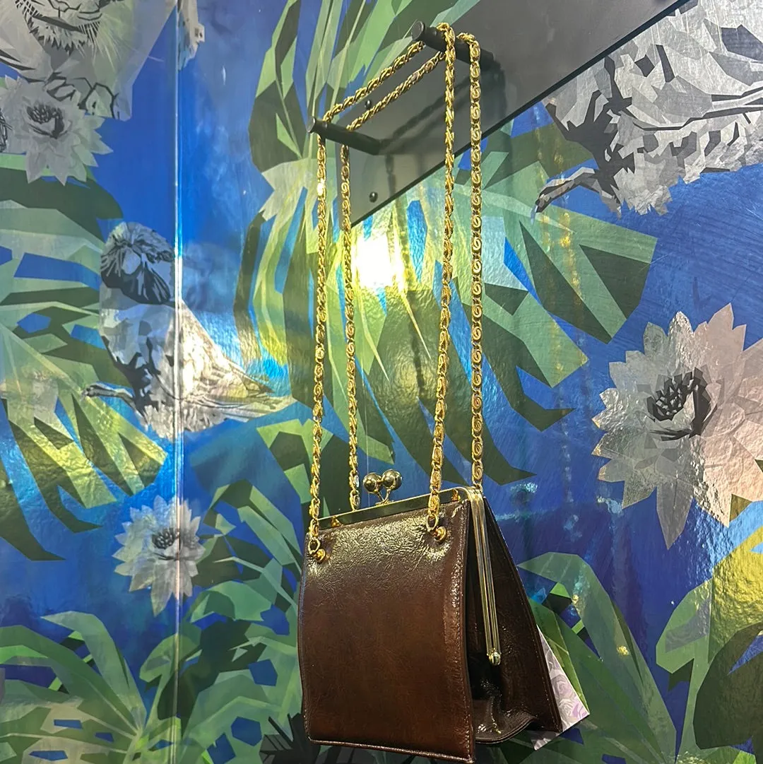 VINTAGE: Brown Suede Top Clasp Shoulder Bag with Gold Hardware