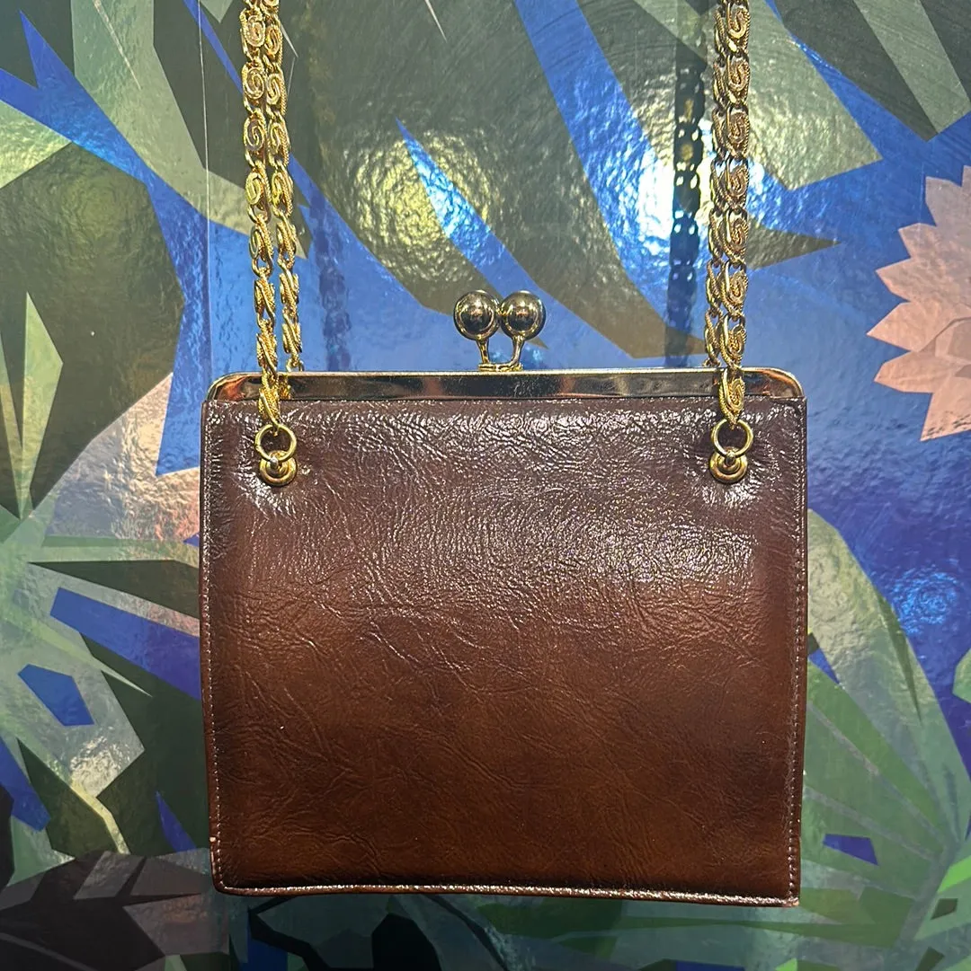 VINTAGE: Brown Suede Top Clasp Shoulder Bag with Gold Hardware