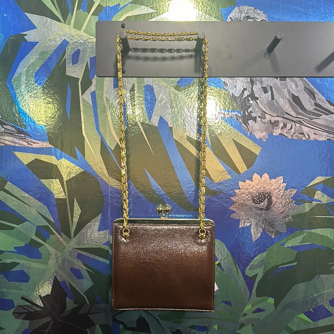 VINTAGE: Brown Suede Top Clasp Shoulder Bag with Gold Hardware