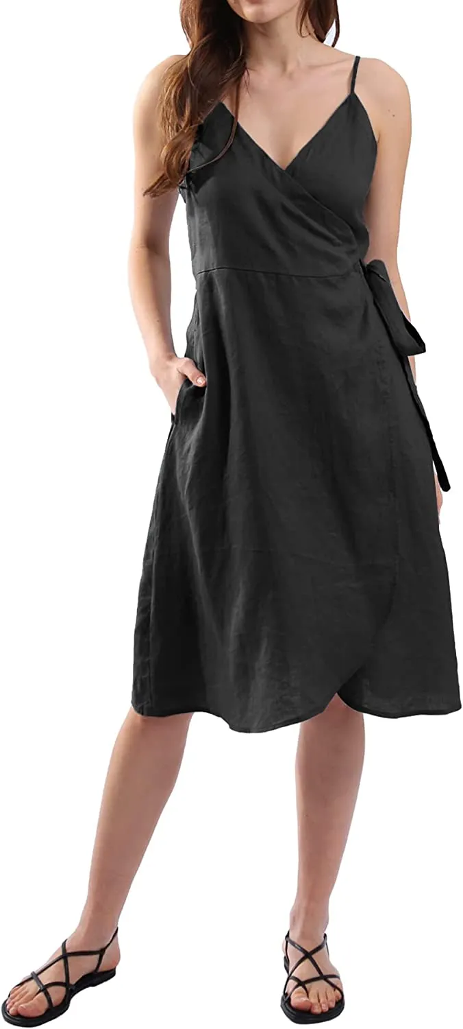 Womens Pure Linen Summer Spaghetti Strap Midi Dresses