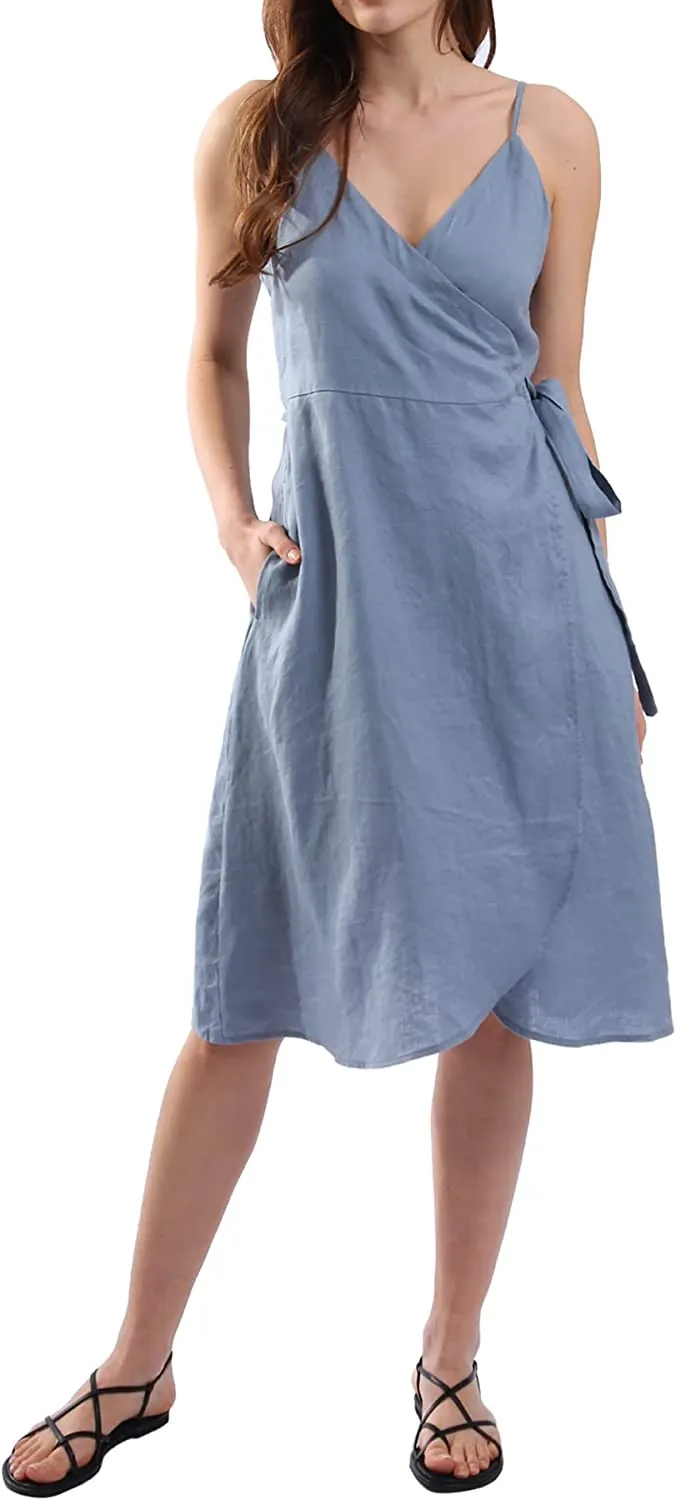 Womens Pure Linen Summer Spaghetti Strap Midi Dresses