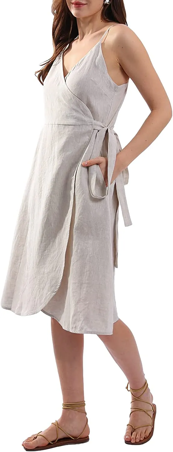 Womens Pure Linen Summer Spaghetti Strap Midi Dresses