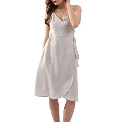 Womens Pure Linen Summer Spaghetti Strap Midi Dresses