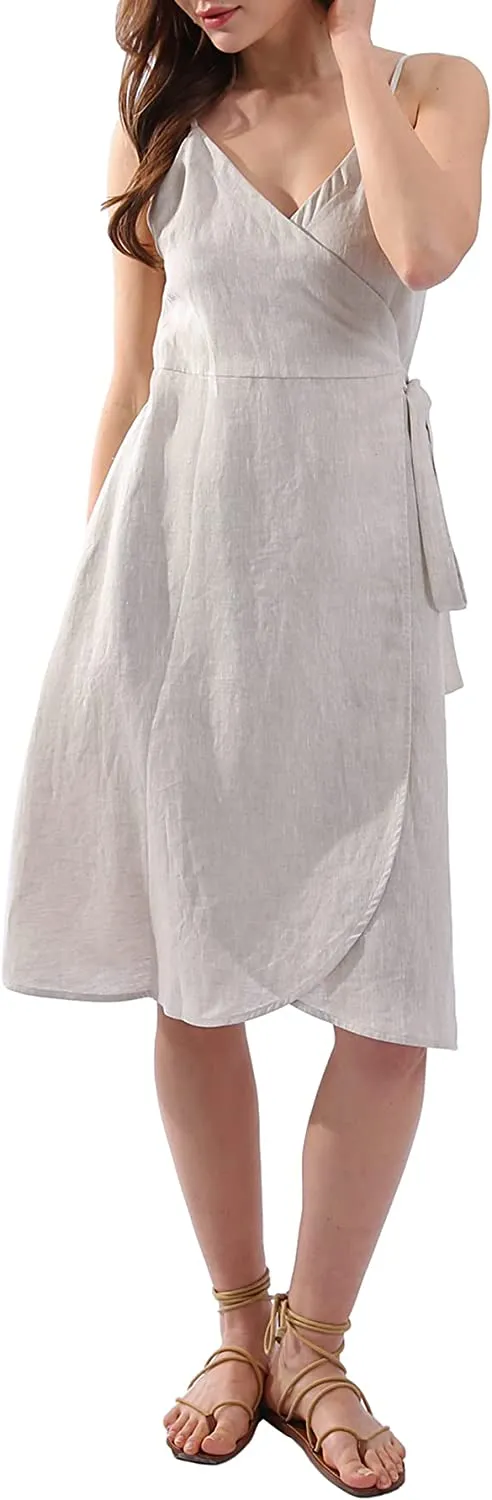 Womens Pure Linen Summer Spaghetti Strap Midi Dresses