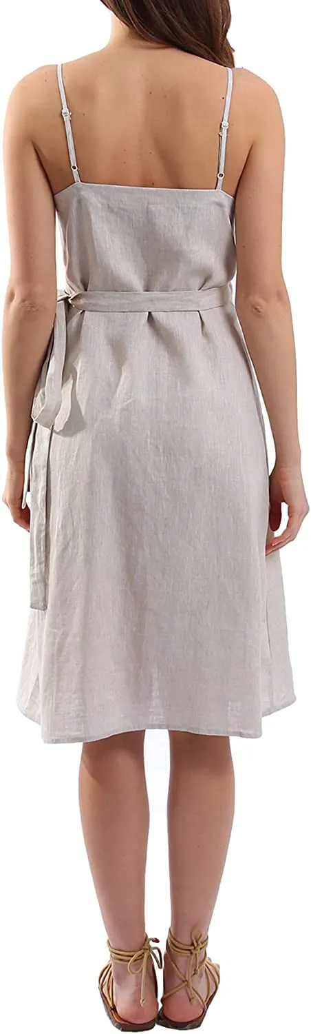 Womens Pure Linen Summer Spaghetti Strap Midi Dresses