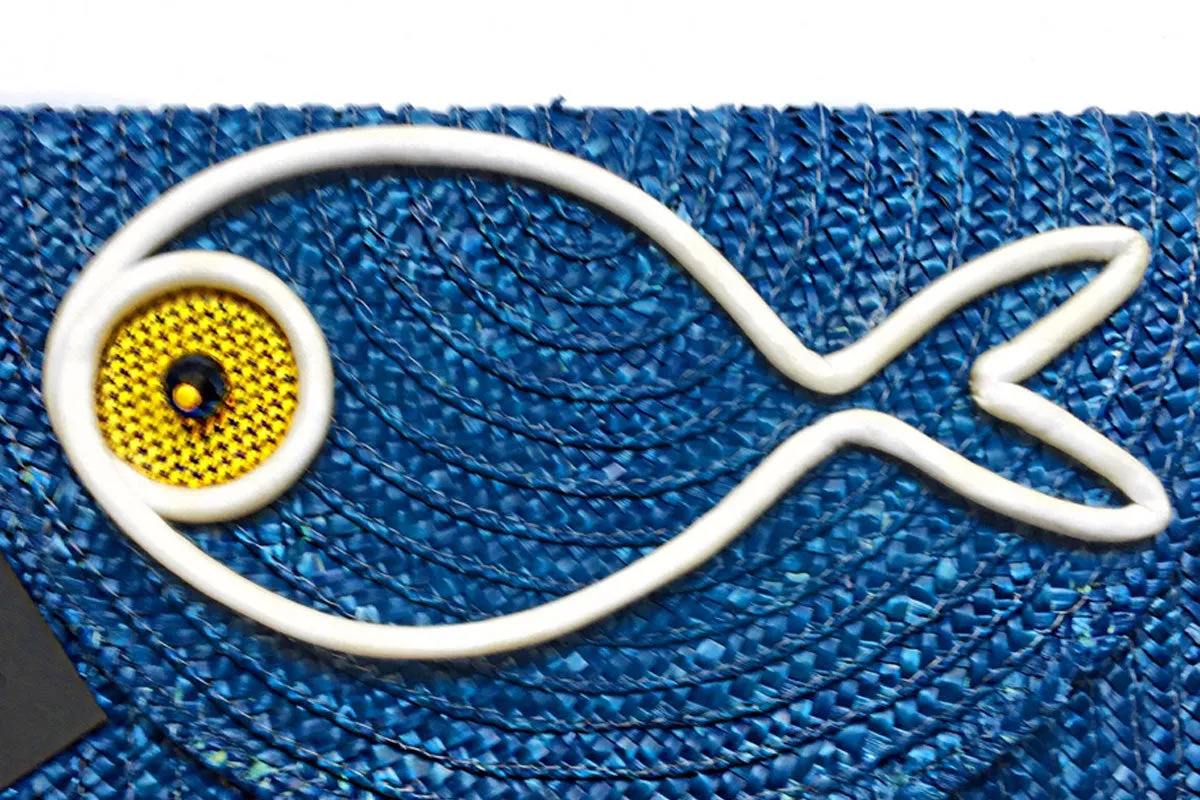 Woven straw Gold Blue White Fish Maxi Clutch